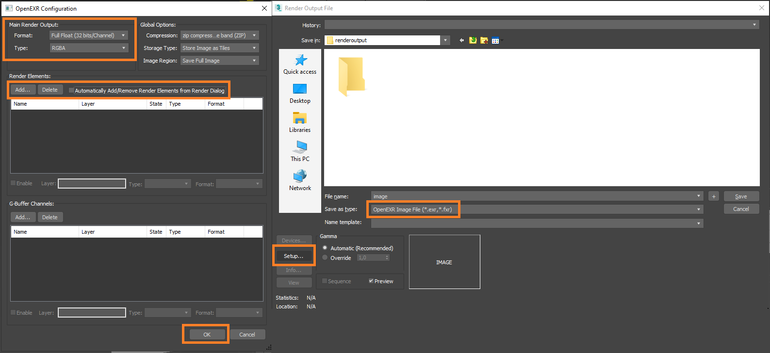 Ventana de configuración de OpenEXR