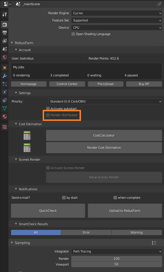 Menú de Rebus Farminizer: activación de renderizado distribuido