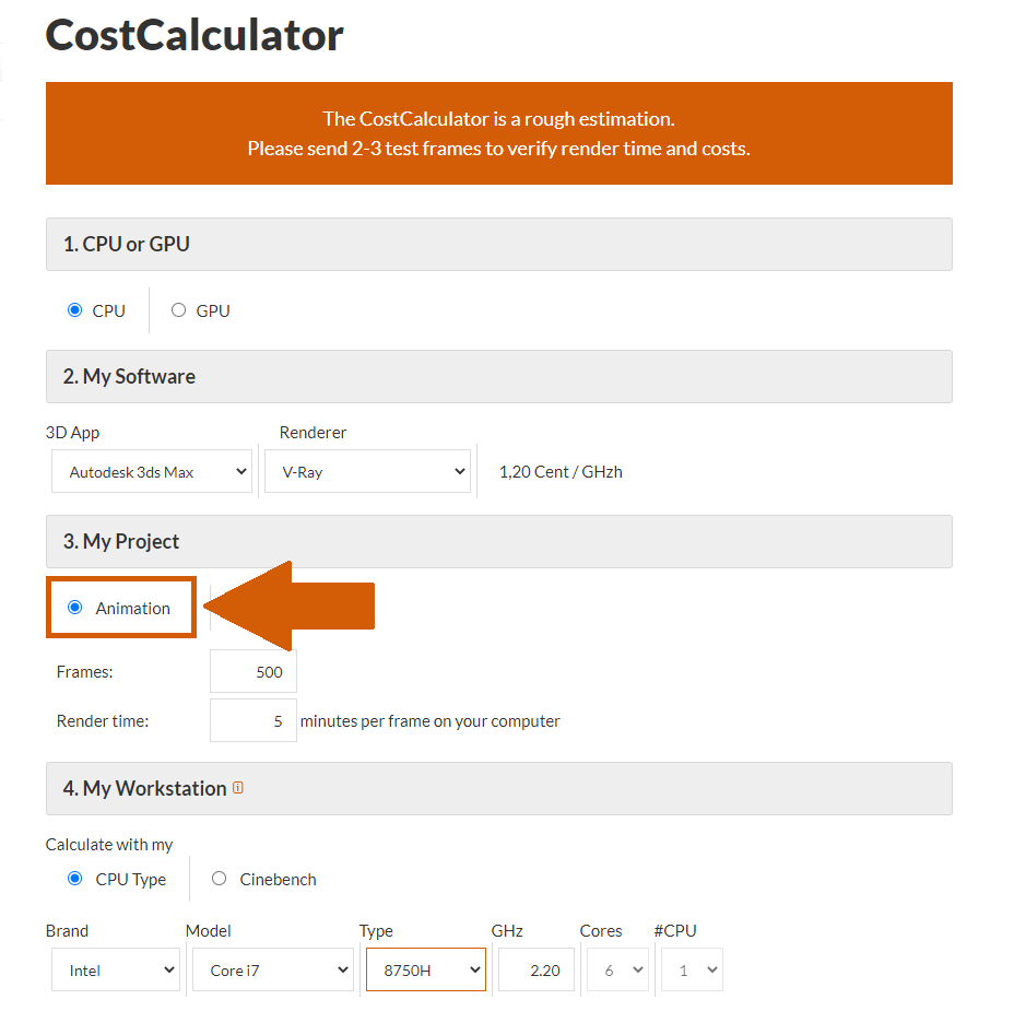 Selección de animación en el CostCalculator de la granja de Renderizado