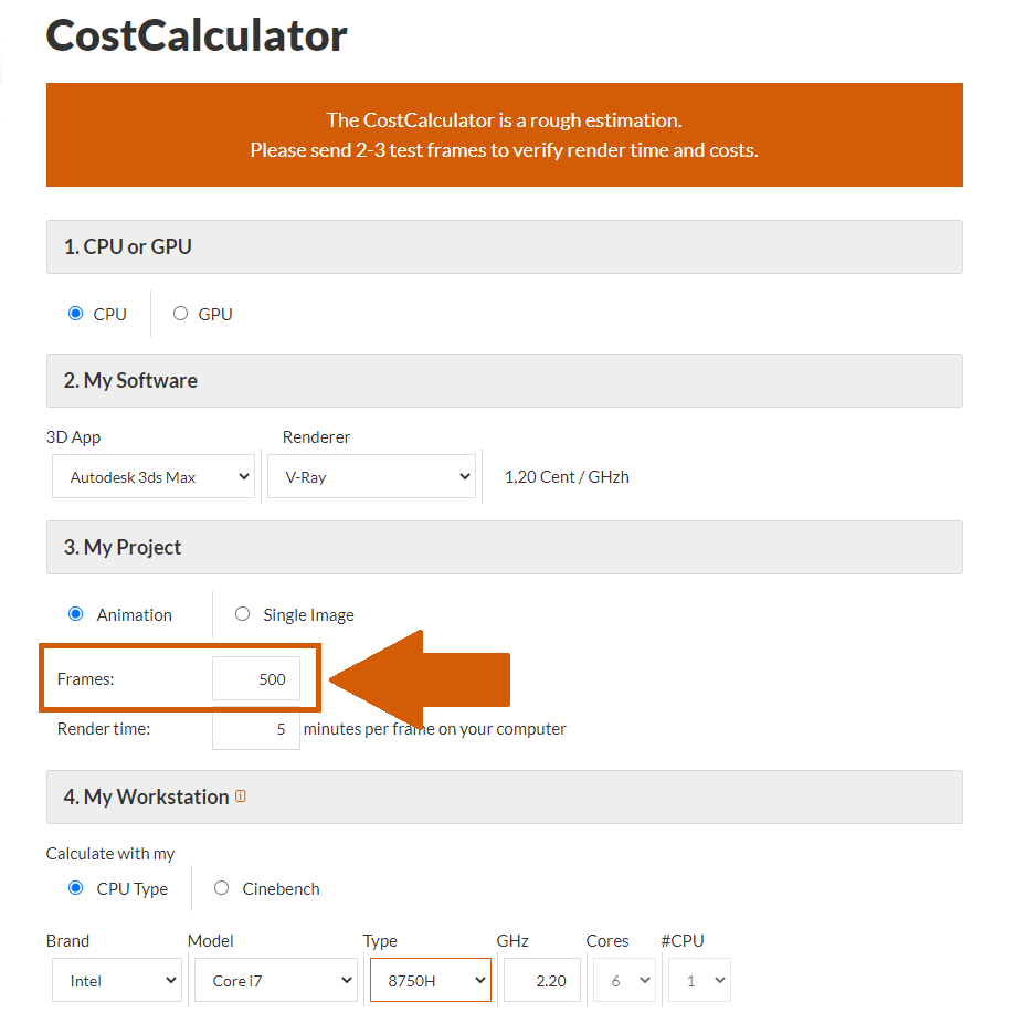 Selección de cantidad de fotogramas en el CostCalculator de la granja de Renderizado