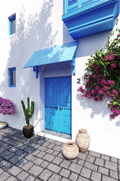 White house with blue balcony
