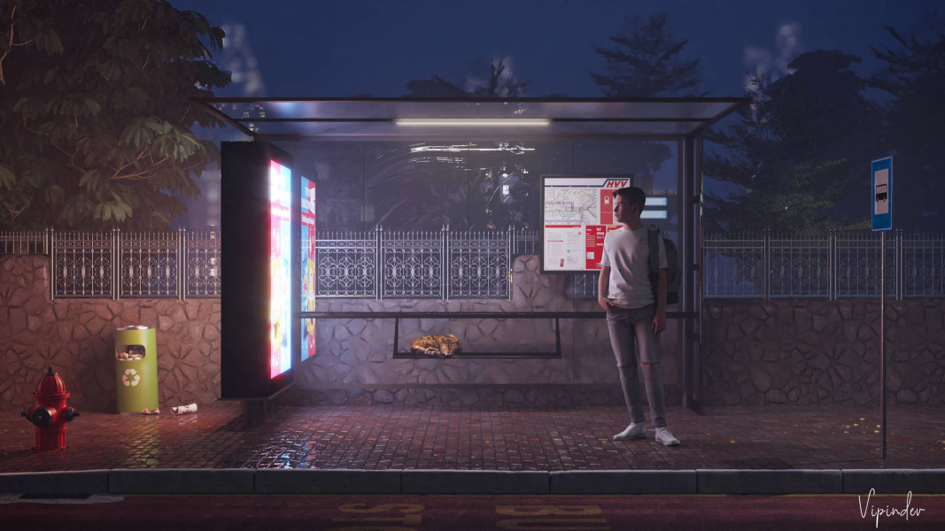Bus stop at night