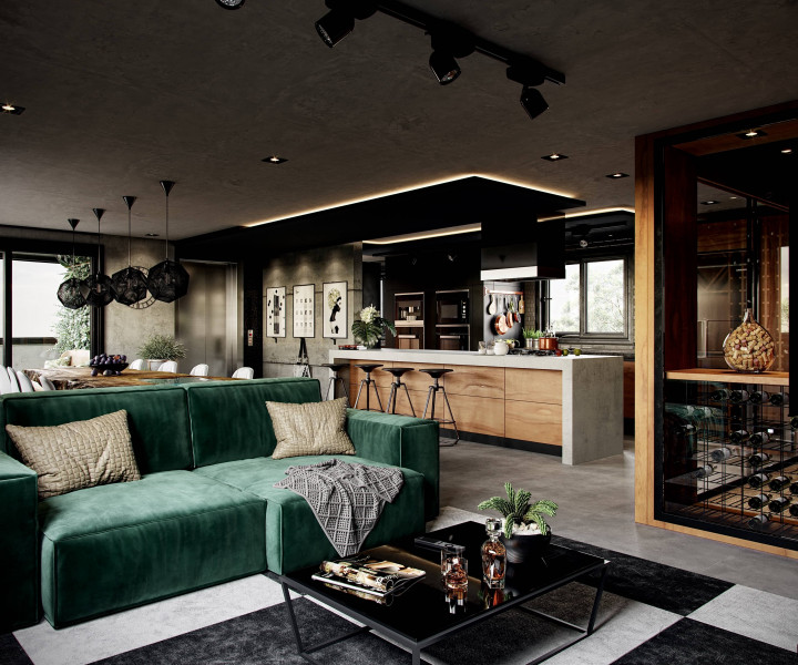 Modern living room and black kitchen 
