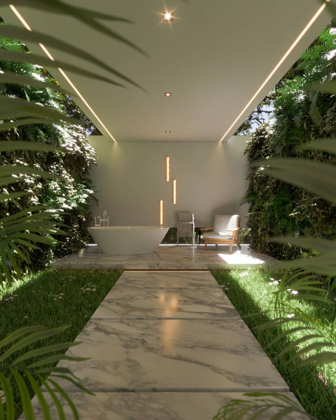 Rendered bathtub with many plants