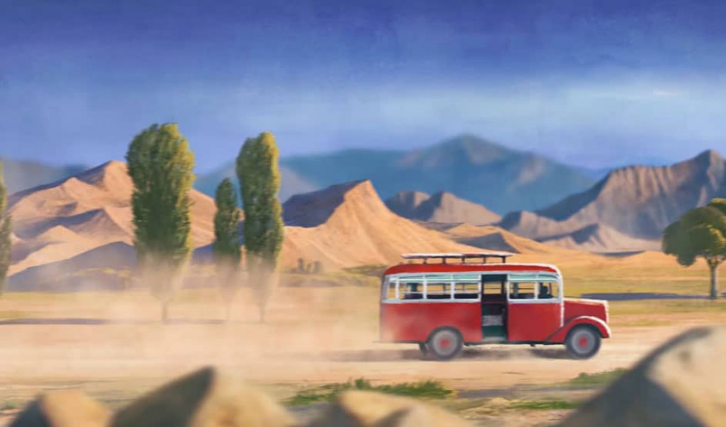 Rendered red bus in desert