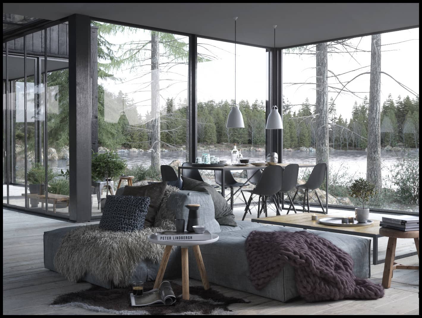 Scandinavian Interior of Cabin in the Woods